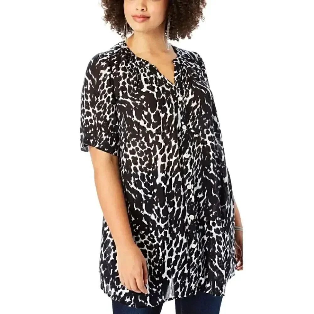Roaman's Angelina Tunic Notch V-Neck Short Sleeve Blouse Black/White 18W